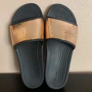 Crocs Black + Rose Gold slides